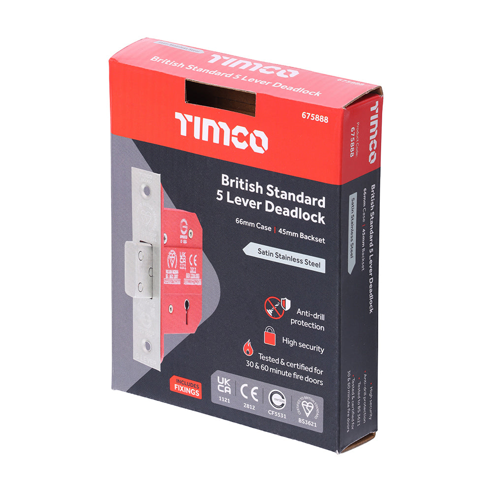 This is an image of Timco - 5 Lever British Standard CE Deadlock - Stainless Steel - Satin 66 case / 45 backset (1 Each Box) 675888