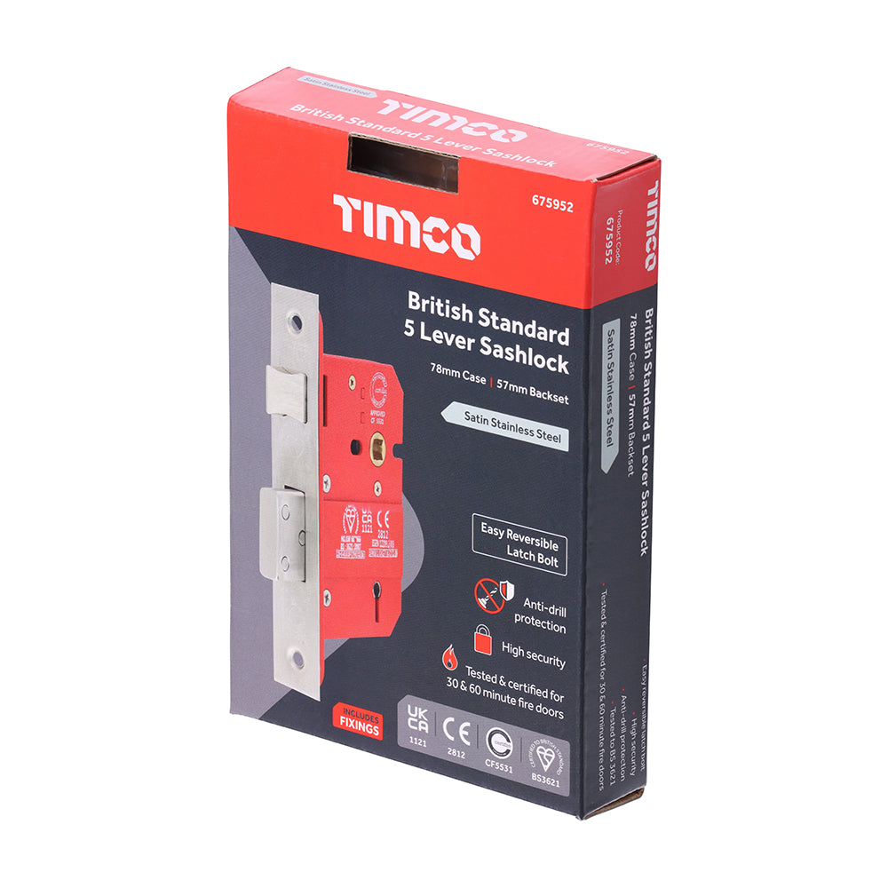 This is an image of Timco - 5 Lever British Standard CE Sashlock - Stainless Steel - Satin 78 case / 57 backset (1 Each Box) 675952