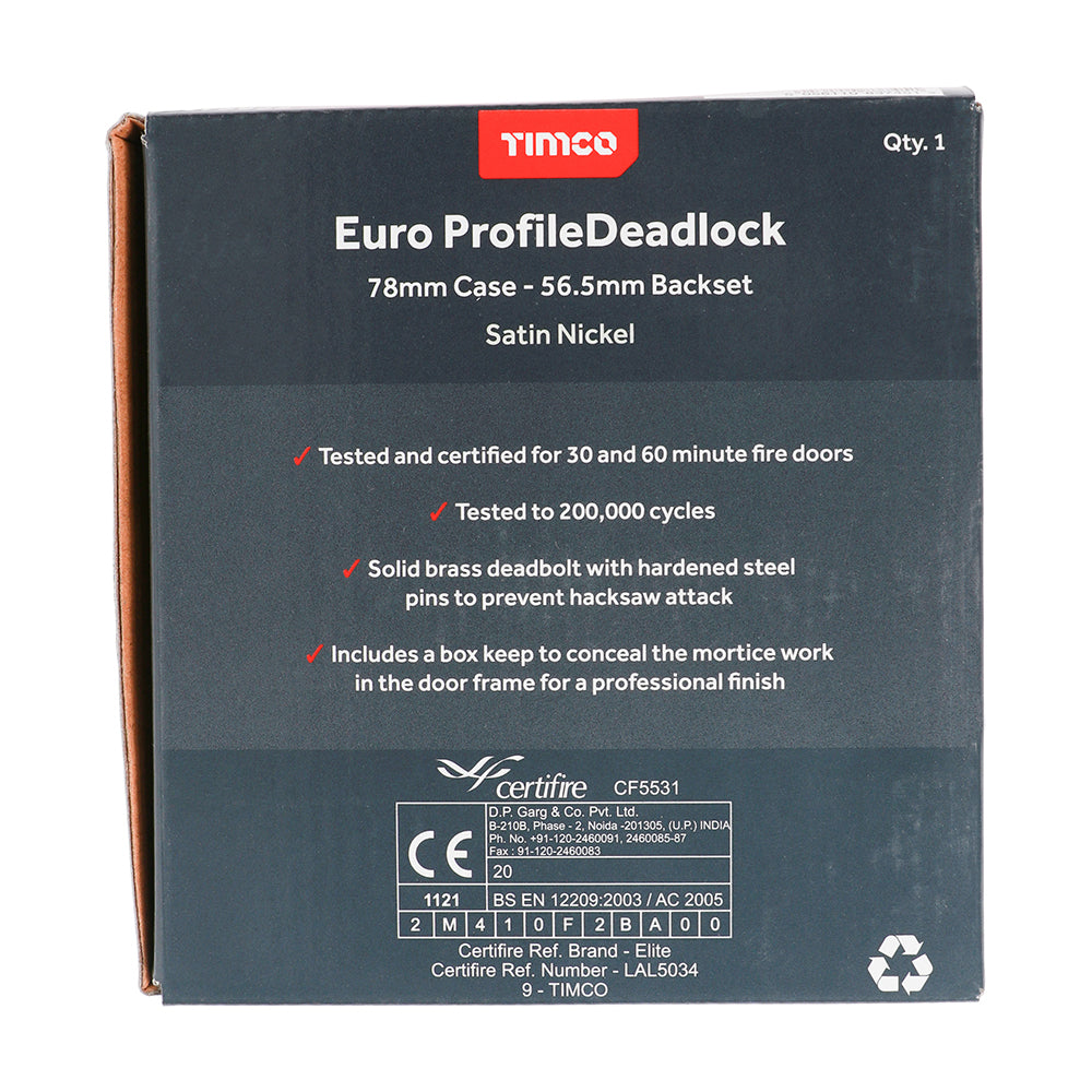 This is an image of Timco - Euro Deadlock - Satin Nickel 78 case / 56.5 backset (1 Each Box) 675955