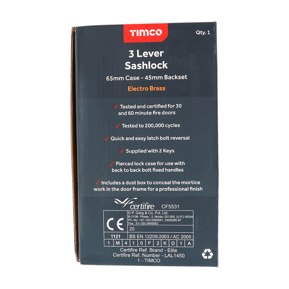 This is an image of Timco - 3 Lever Sashlock - Electro Brass 65 case / 45 backset (1 Each Box) 675987