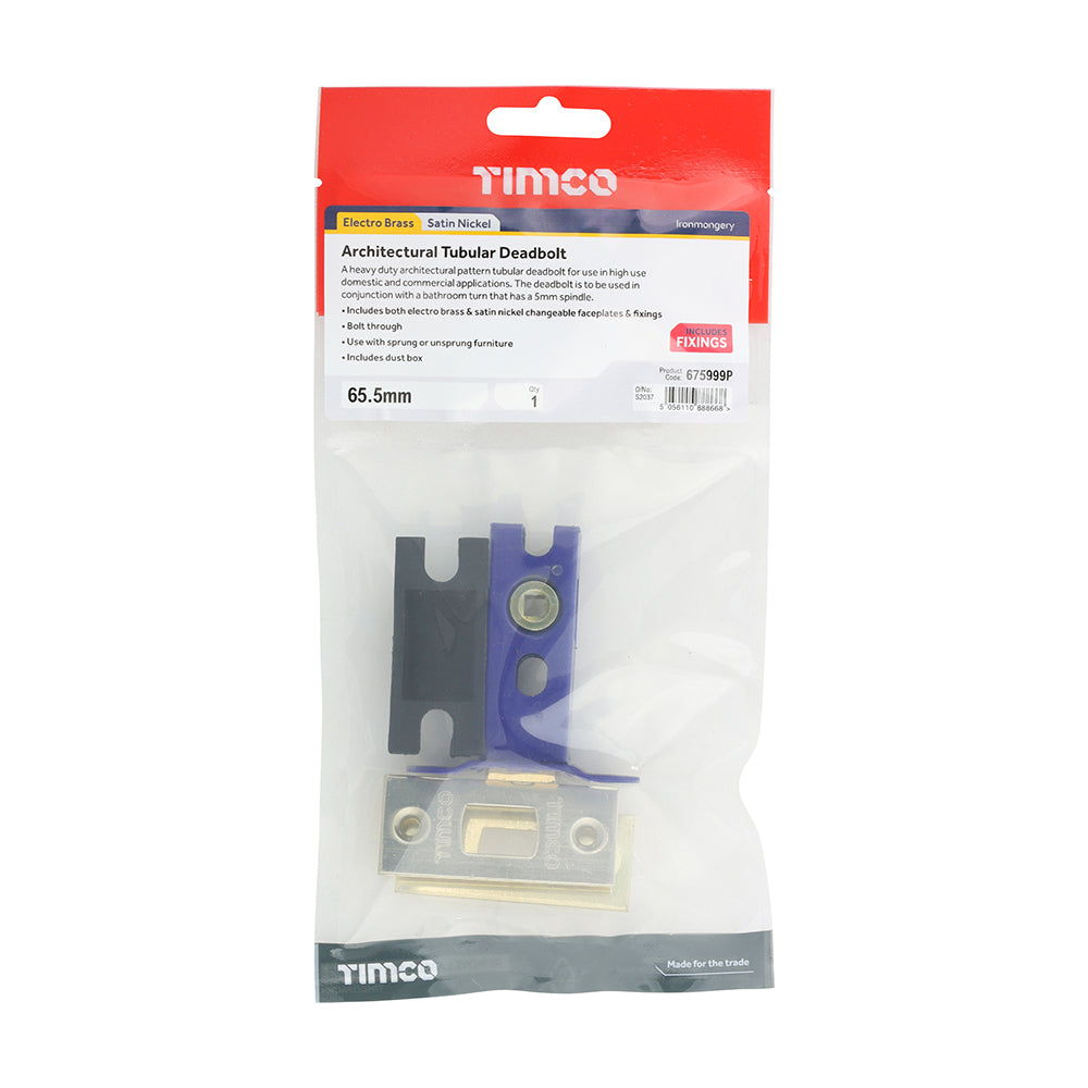 This is an image of Timco - Architectural Tubular Deadbolt - Electro Brass & Satin Nickel 65.5 case / 45 backset (1 Each TIMbag) 675999P