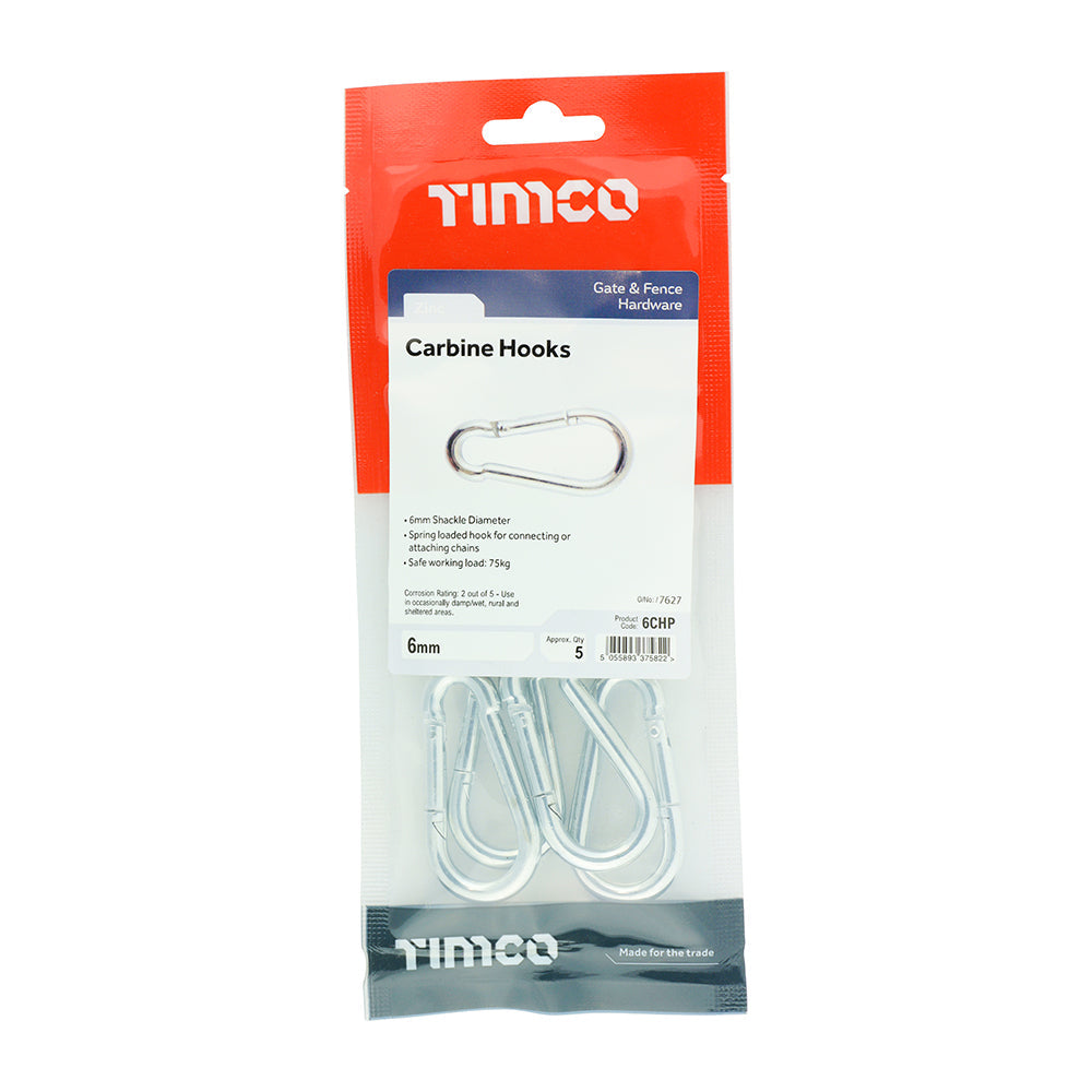 This is an image of Timco - Carbine Hooks - Zinc 6mm (5 Pieces TIMpac) 6CHP