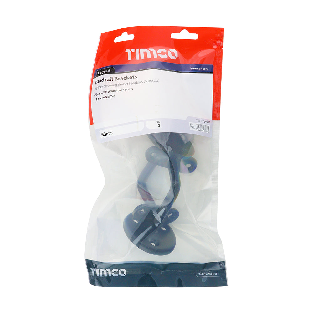 This is an image of Timco - Steel Handrail Brackets - Black 63mm (2 Pieces TIMbag) 712146P