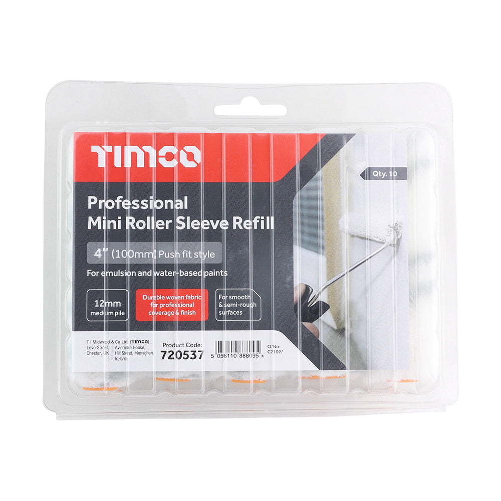 This is an image of Timco - Professional Mini Roller Sleeve Refill 12mm 4" Medium (10 Pieces Clamshell) 720537