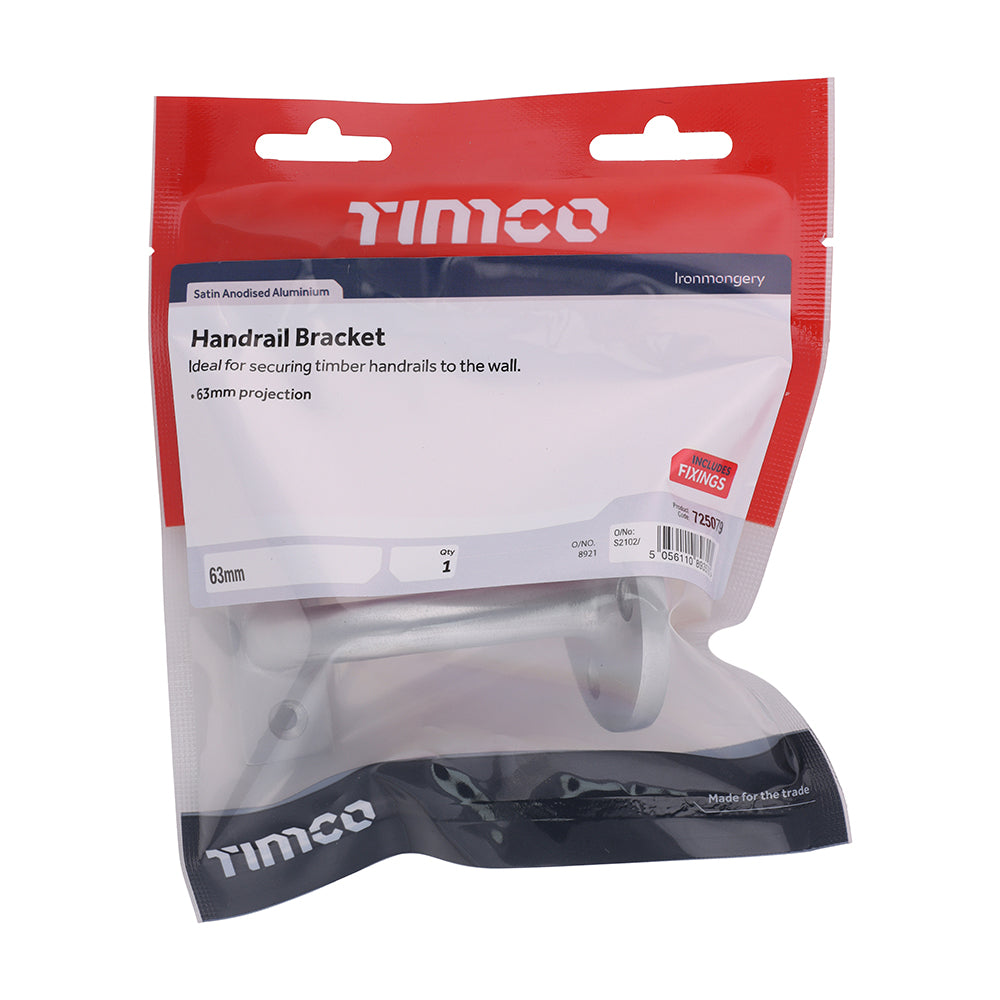 This is an image of Timco - Handrail Bracket - Satin Anodised Aluminium 63mm (1 Each TIMbag) 725079