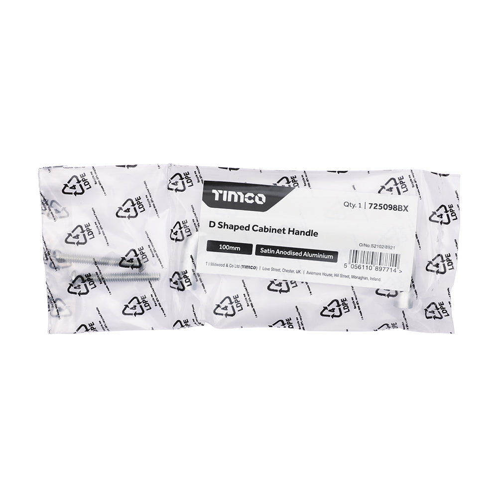 This is an image of Timco - D Shaped Cabinet Handle - Satin Anodised Aluminium 100mm (1 Each Bag) 725098BX