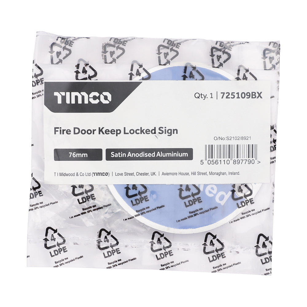 This is an image of Timco - Fire Door Keep Locked Sign - Satin Anodised Aluminium 76mm (1 Each Bag) 725109BX