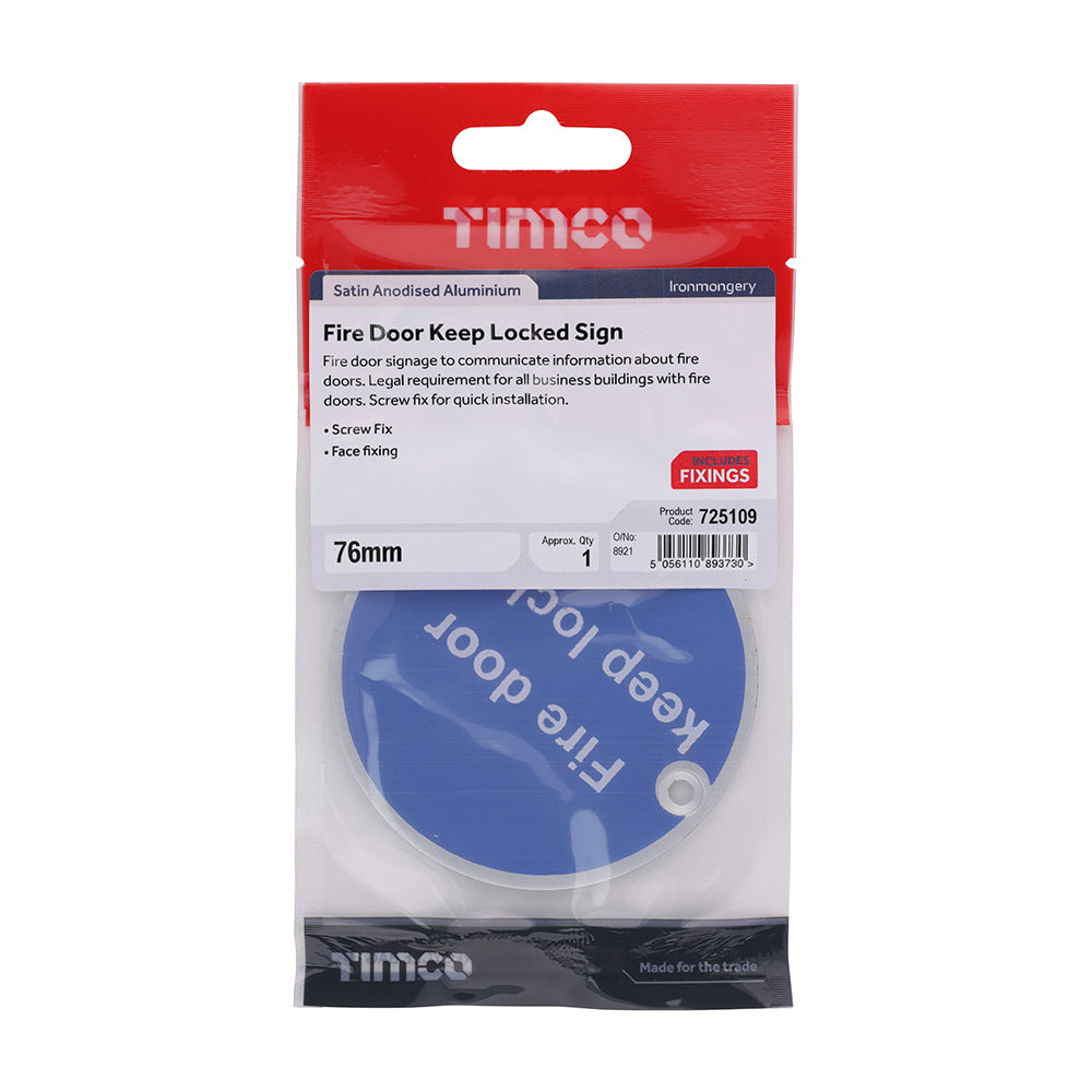 This is an image of Timco - Fire Door Keep Locked Sign - Satin Anodised Aluminium 76mm (1 Each TIMpac) 725109