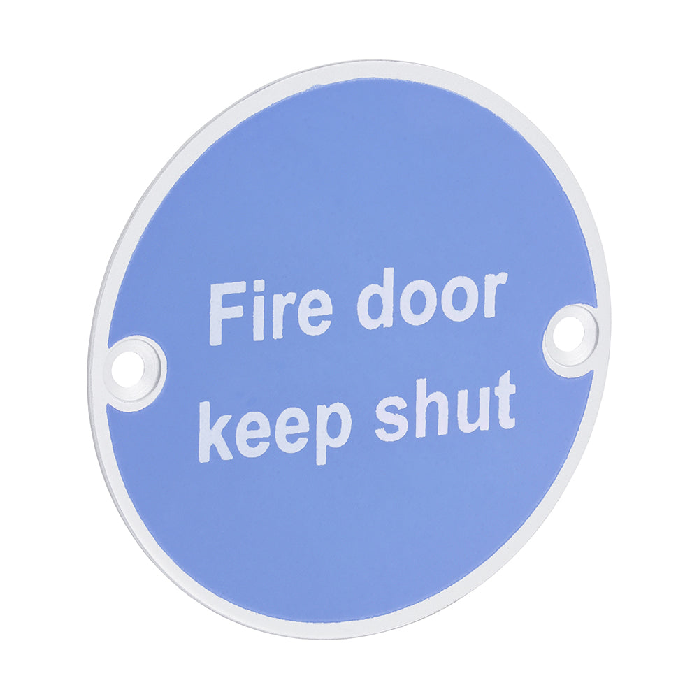 This is an image of Timco - Fire Door Keep Shut Sign - Satin Anodised Aluminium 76mm (1 Each Bag) 725135BX