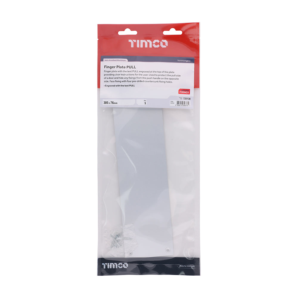 This is an image of Timco - Finger Plate PULL - Satin Anodised Aluminium 305 x 76 (1 Each TIMbag) 725138