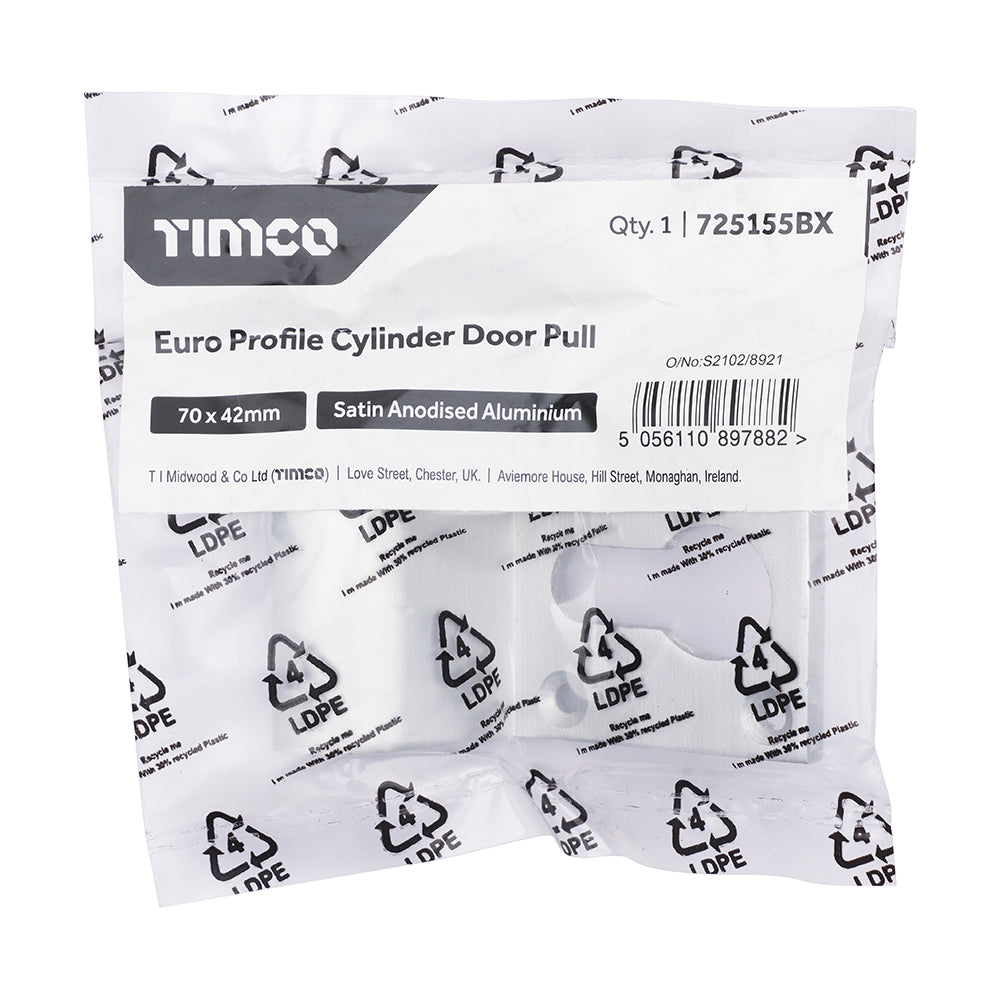 This is an image of Timco - Euro Profile Cylinder Door Pull - Satin Anodised Aluminium 70 x 42 (1 Each Bag) 725155BX
