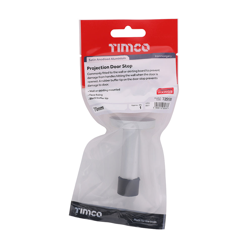 This is an image of Timco - Projection Door Stop - Satin Anodised Aluminium 70mm (1 Each TIMpac) 725180