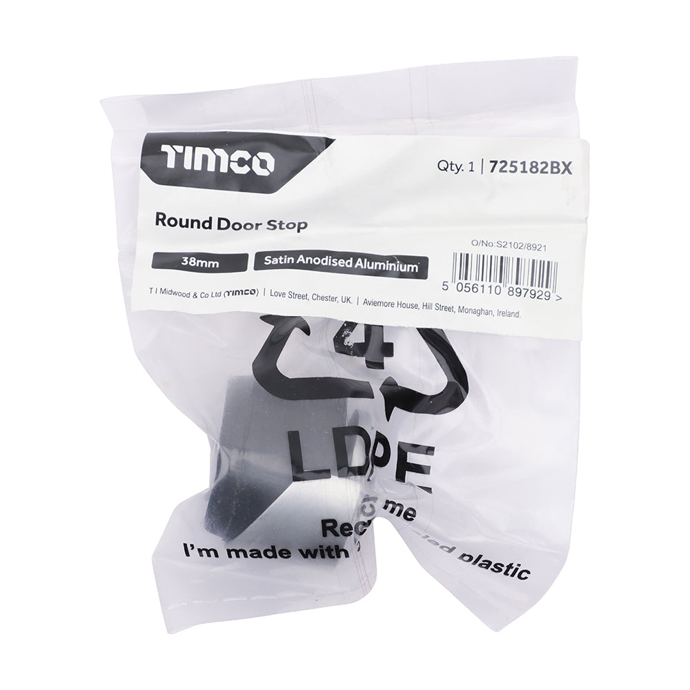 This is an image of Timco - Round Door Stop - Satin Anodised Aluminium 38mm (1 Each Bag) 725182BX
