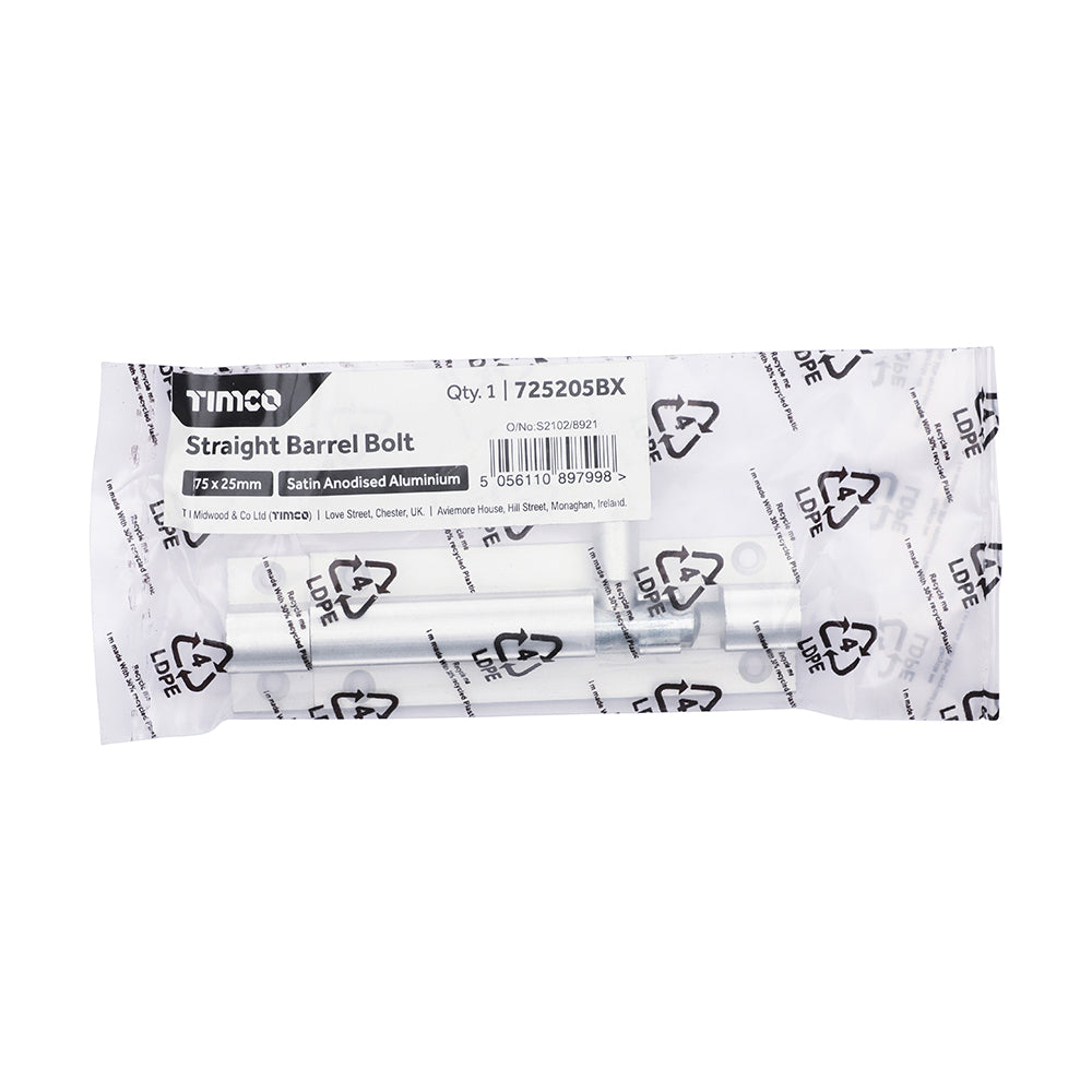 This is an image of Timco - Straight Barrel Bolt - Satin Anodised Aluminium 75 x 25 (1 Each Bag) 725205BX