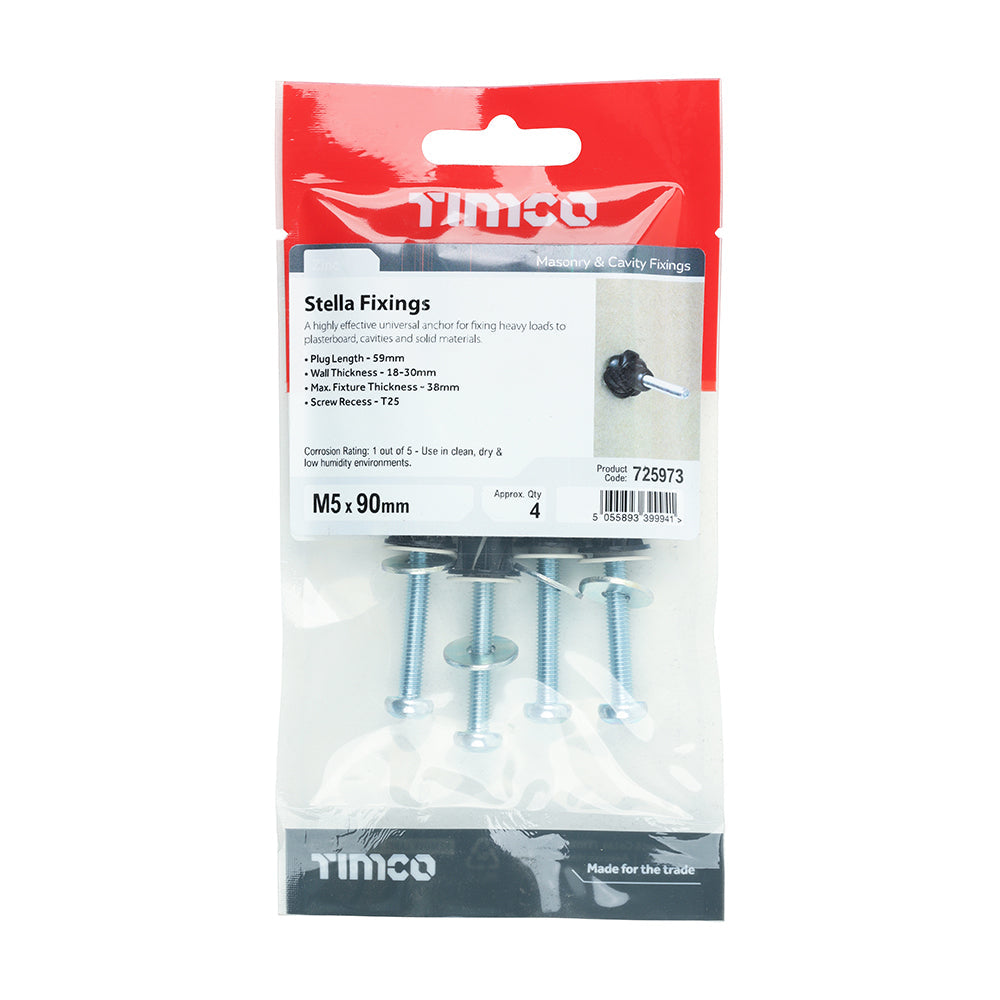 This is an image of Timco - Stella Fixings - TX - Pan - Black M5 x 90mm - (4 PCS TIMpac) 725973