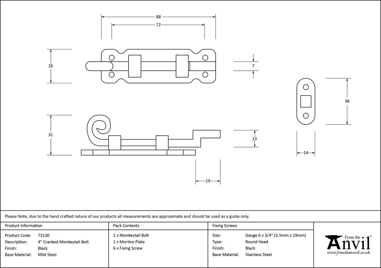 From The Anvil - Black 4" Cranked Monkeytail Bolt | Sku. 73130 | Trade Door Handles.