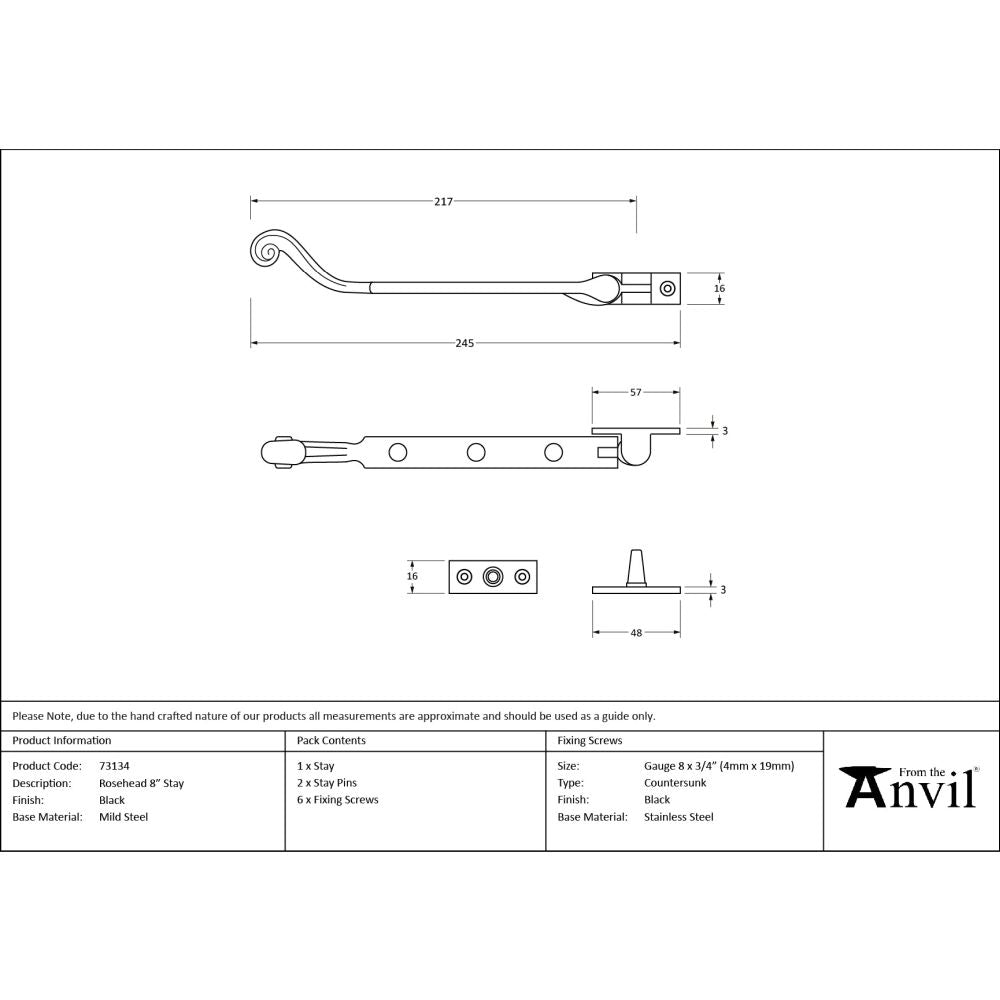 From The Anvil - Black 8" Rosehead Stay | Sku. 73134 | Trade Door Handles.