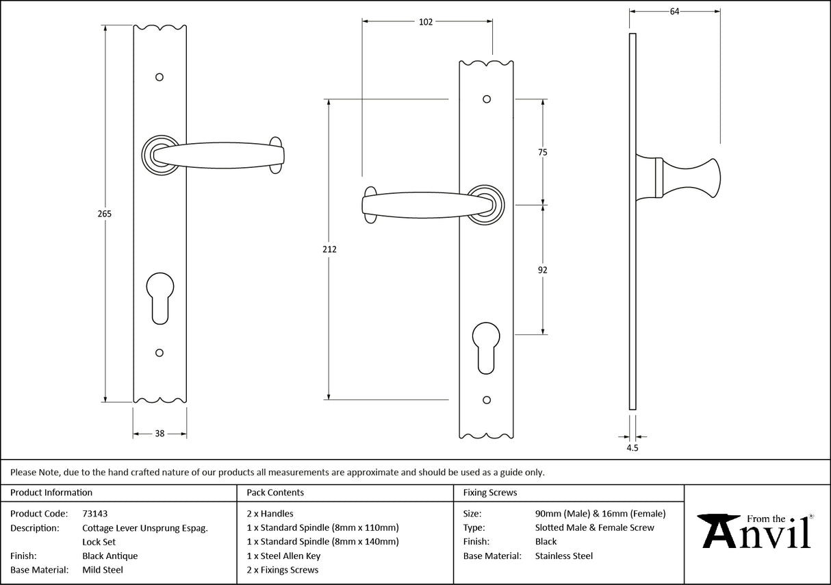 From The Anvil - Black Cottage Lever Espag. Lock Set | Sku. 73143 | Trade Door Handles.