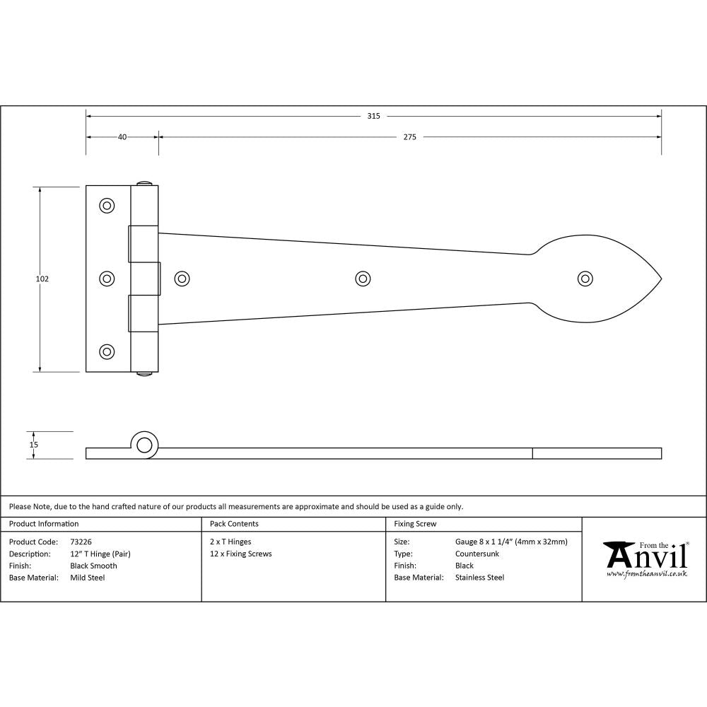 From The Anvil - Black Smooth 12" Cast T Hinge (pair) | Sku. 73226 | Trade Door Handles.