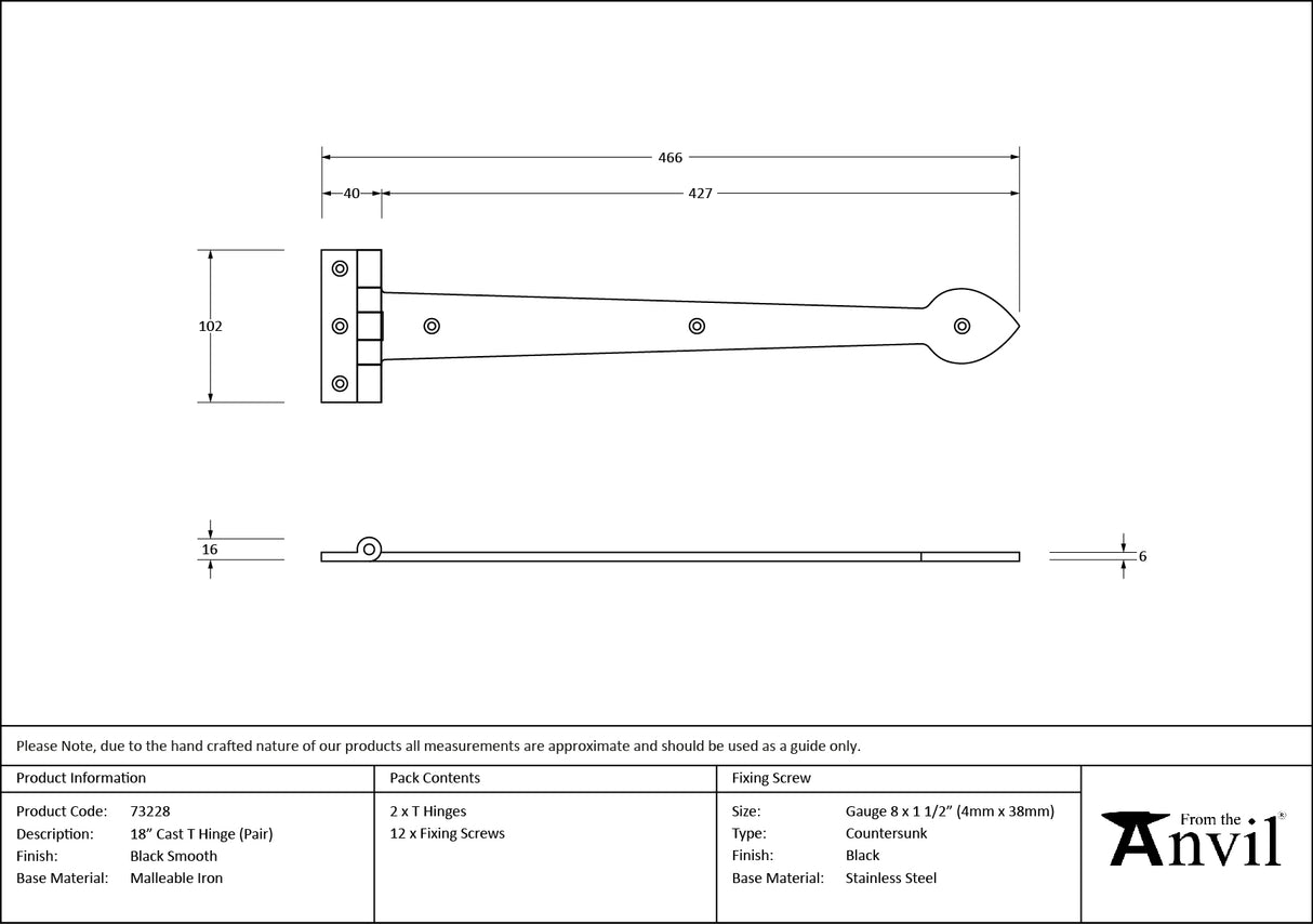 From The Anvil - Black Smooth 18" Cast T Hinge (pair) | Sku. 73228 | Trade Door Handles.