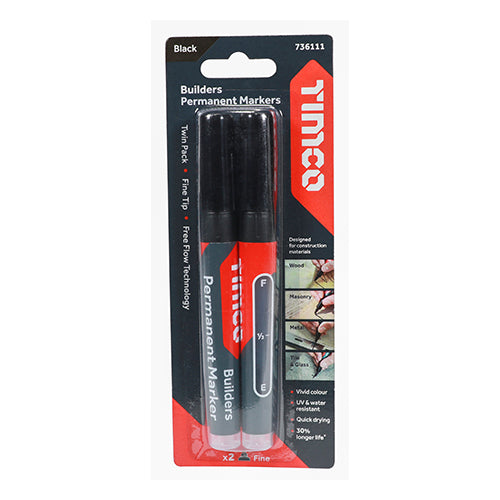 This is an image of Timco - Builders Permanent Markers - Chisel Tip - Black Chisel Tip (2 Pieces Blister Pack) 736222