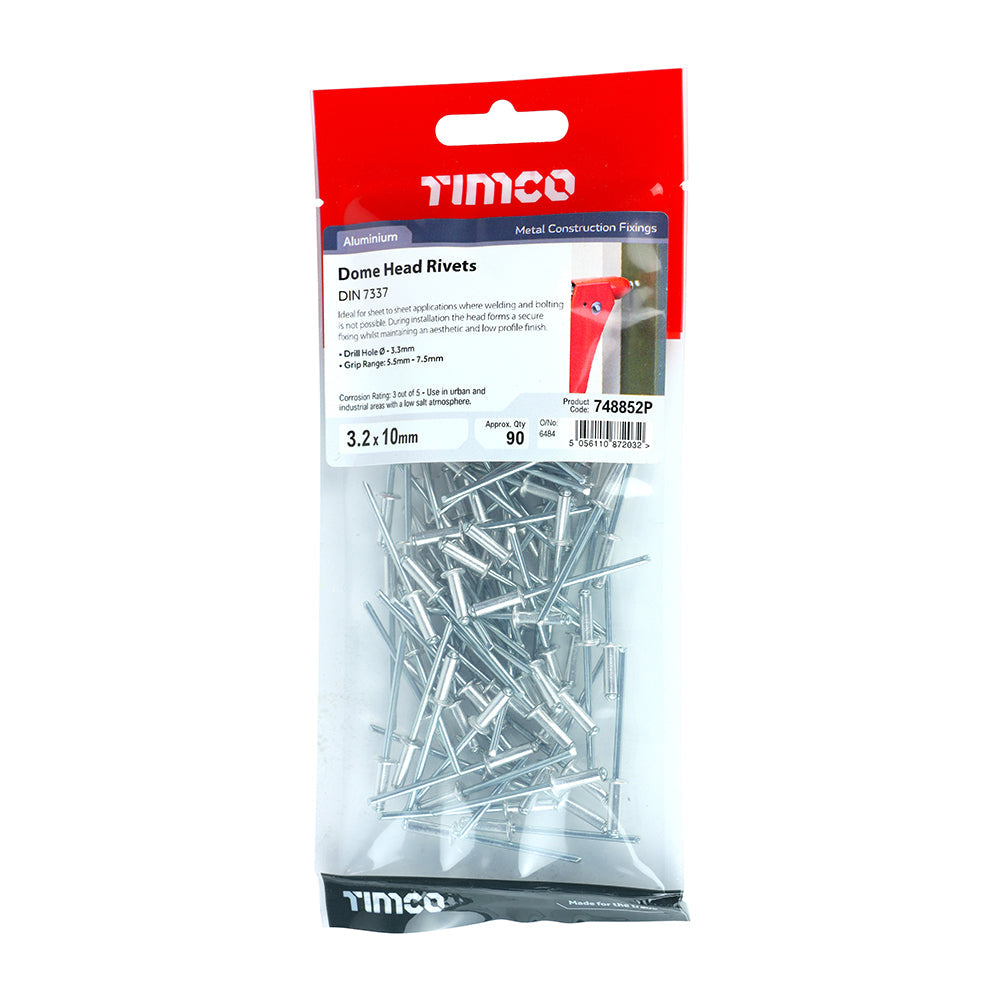 This is an image of Timco - Rivets - Dome Head - Aluminium 3.2 x 10mm - (90 PCS TIMpac) 748852P