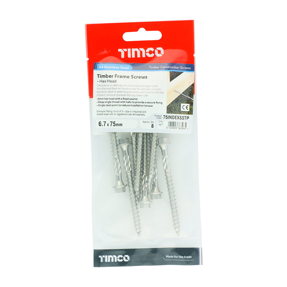 This is an image of Timco - Timber Screws - Hex - Stainless Steel 6.7 x 75mm - (8 PCS TIMpac) 75INDEXSSTP