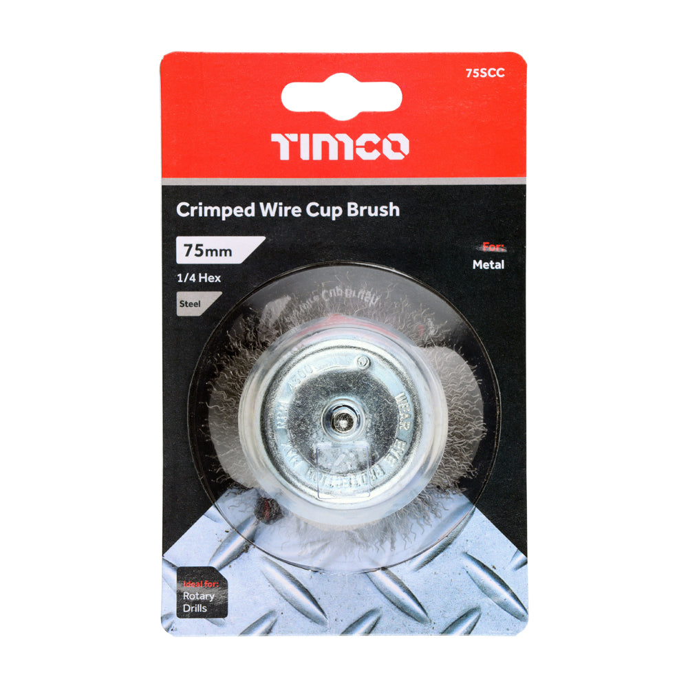 This is an image of Timco - Drill Cup Brush - Crimped Steel Wire 75mm (1 Each Blister Pack) 75SCC
