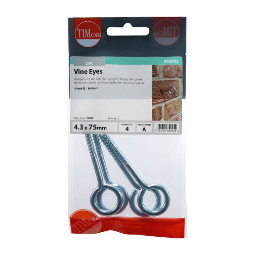 This is an image of Timco - Vine Eyes - Zinc 75mm - (4 PCS TIMpac) 75VEP