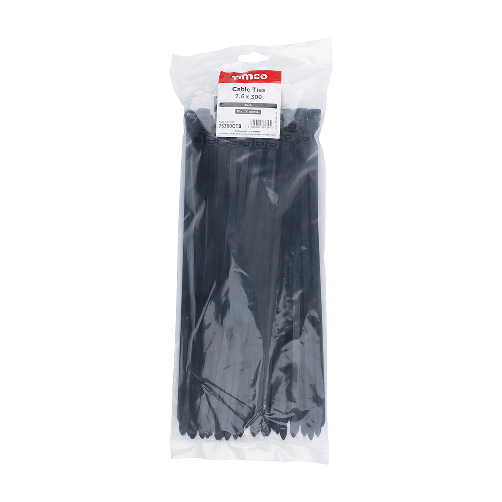 This is an image of Timco - Cable Ties - Black 7.6 x 300mm - (100 PCS Bag) 76300CTB