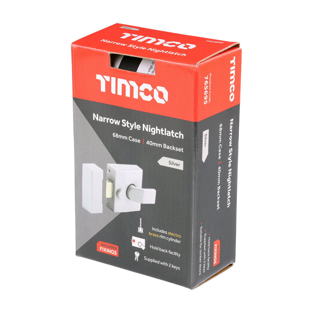 This is an image of Timco - Narrow Style Nightlatch - Silver 68 case / 40 backset (1 Each Box) 765695