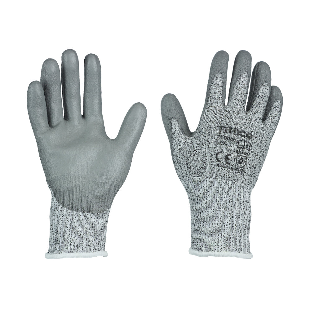 This is an image of Timco - Medium Cut Gloves - PU Coated HPPE Fibre with Glass Fibre Large (1 Pairs Backing Card) 770040