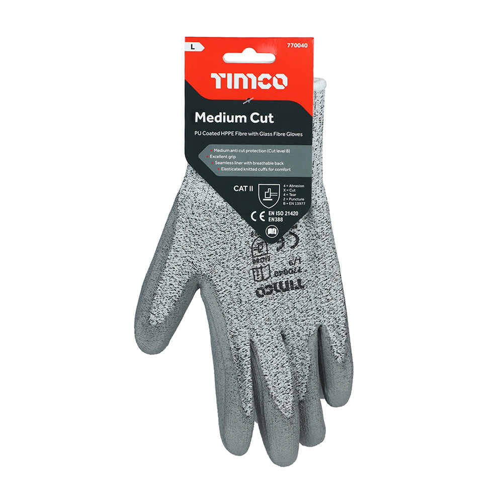 This is an image of Timco - Medium Cut Gloves - PU Coated HPPE Fibre with Glass Fibre Large (1 Pairs Backing Card) 770040