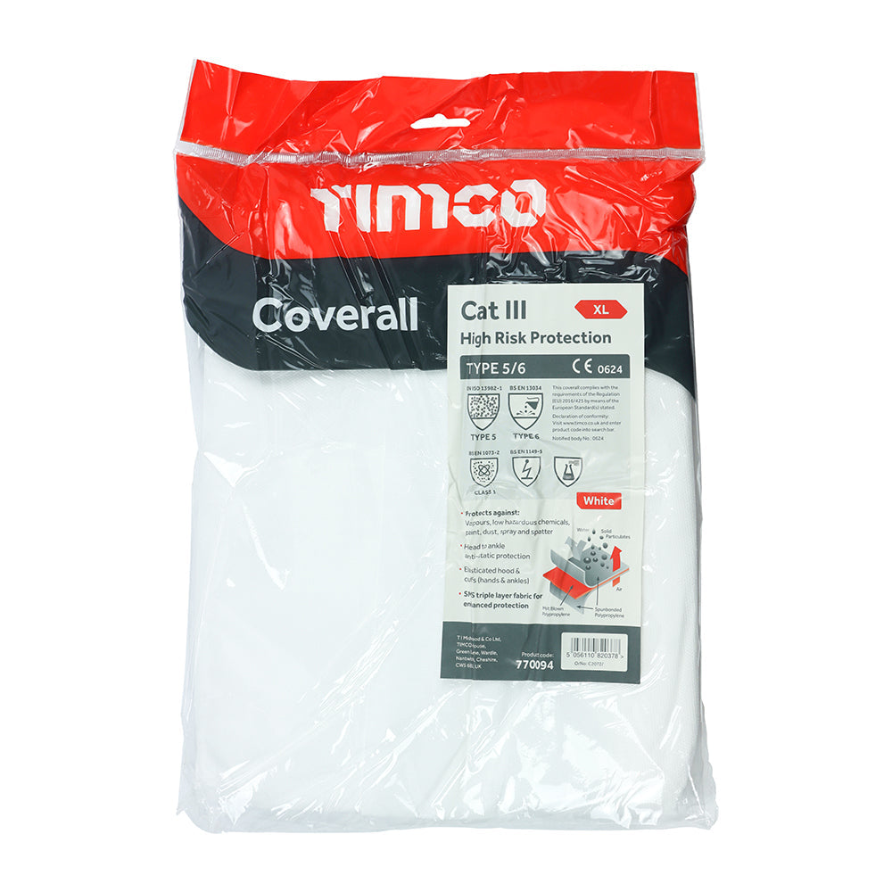 This is an image of Timco - Cat III Type 5/6 Coverall - High Risk Protection - White X Large (1 Each Bag) 770094
