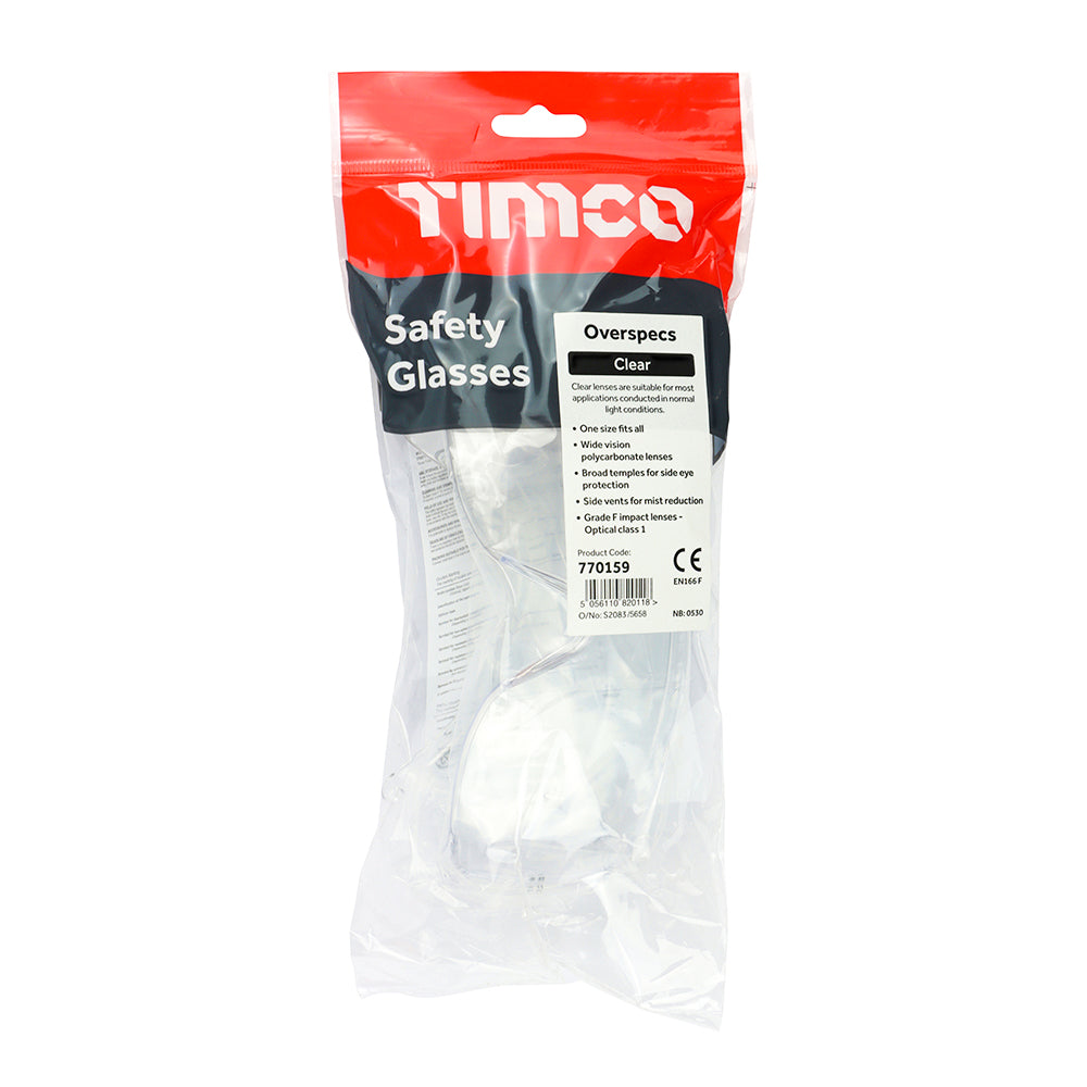 This is an image of Timco - Overspecs Safety Glasses - Clear One Size (1 Each Bag) 770159