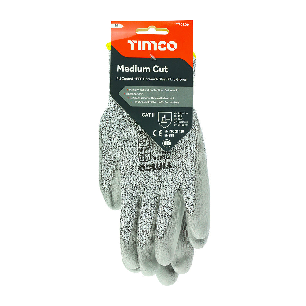 This is an image of Timco - Medium Cut Gloves - PU Coated HPPE Fibre with Glass Fibre Medium (1 Pairs Backing Card) 770209