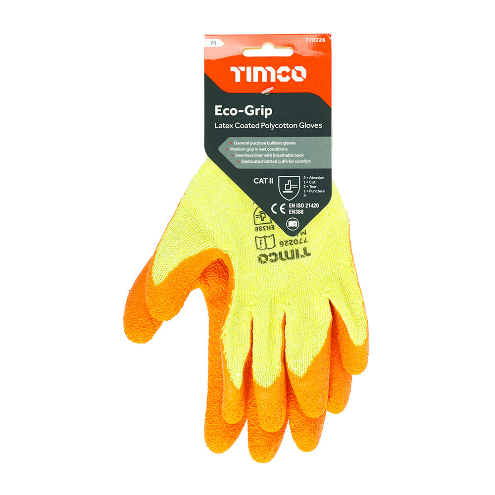 This is an image of Timco - Eco-Grip Gloves - Crinkle Latex Coated Polycotton Medium (1 Pairs Backing Card) 770226
