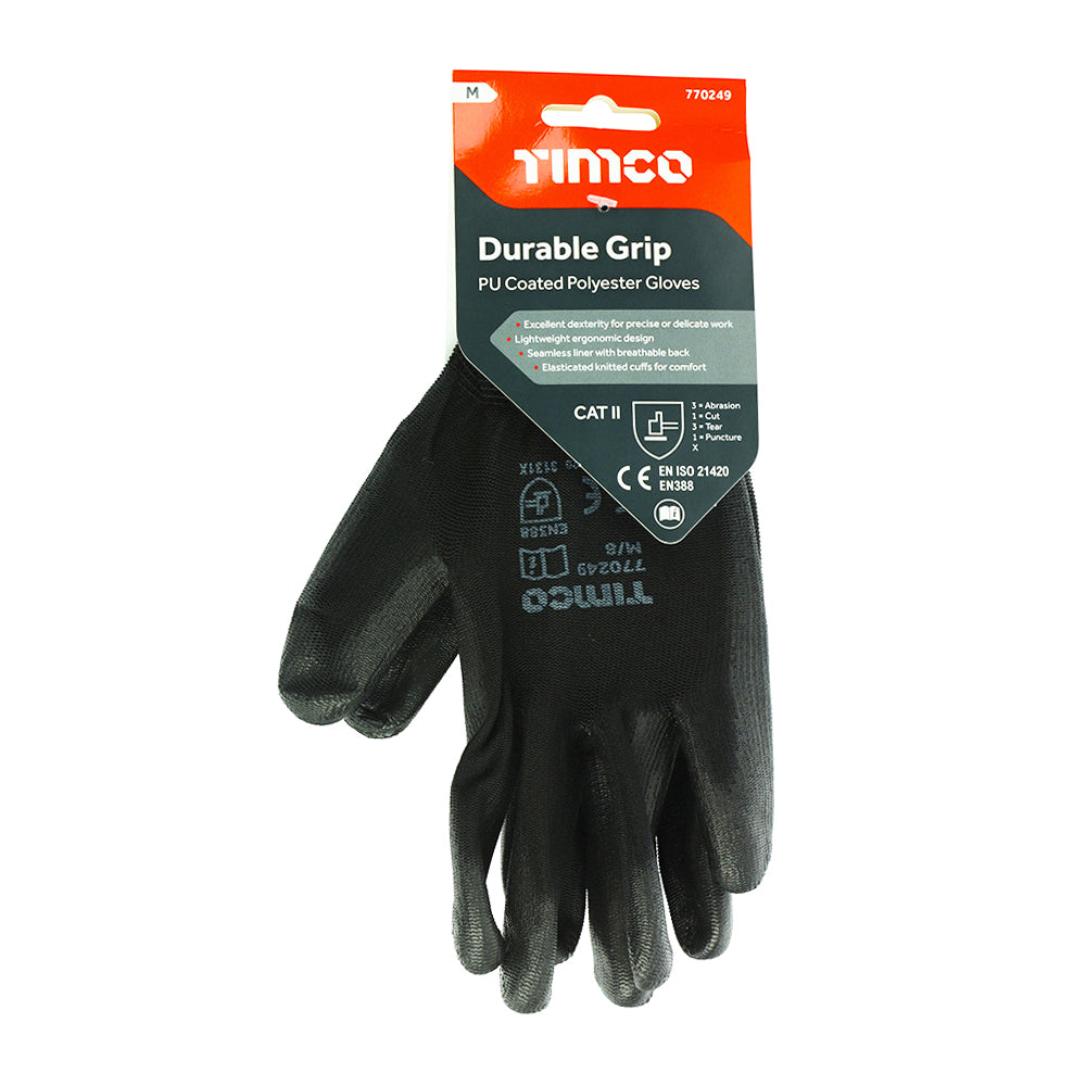 This is an image of Timco - Durable Grip Gloves - PU Coated Polyester Medium (1 Pairs Backing Card) 770249