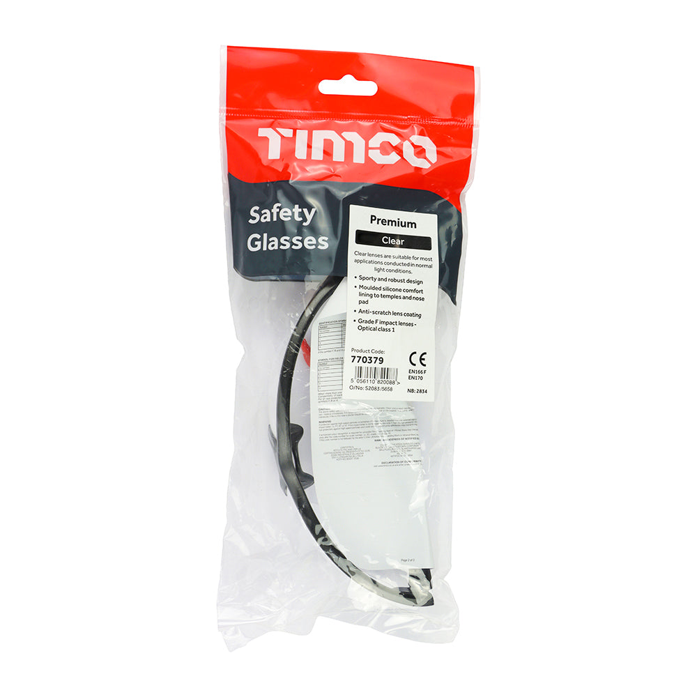 This is an image of Timco - Premium Safety Glasses - Clear One Size (1 Each Bag) 770379