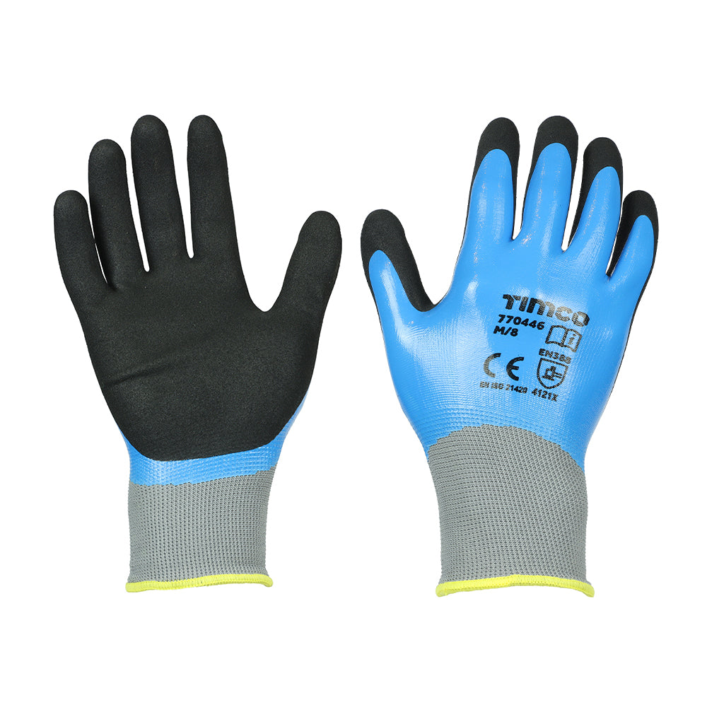 This is an image of Timco - Waterproof Grip Gloves - Sandy Nitrile Foam Coated Polyester Medium (1 Pairs Backing Card) 770446
