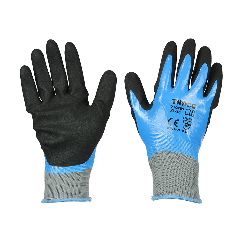 This is an image of Timco - Waterproof Grip Gloves - Sandy Nitrile Foam Coated Polyester X Large (1 Pairs Backing Card) 770485