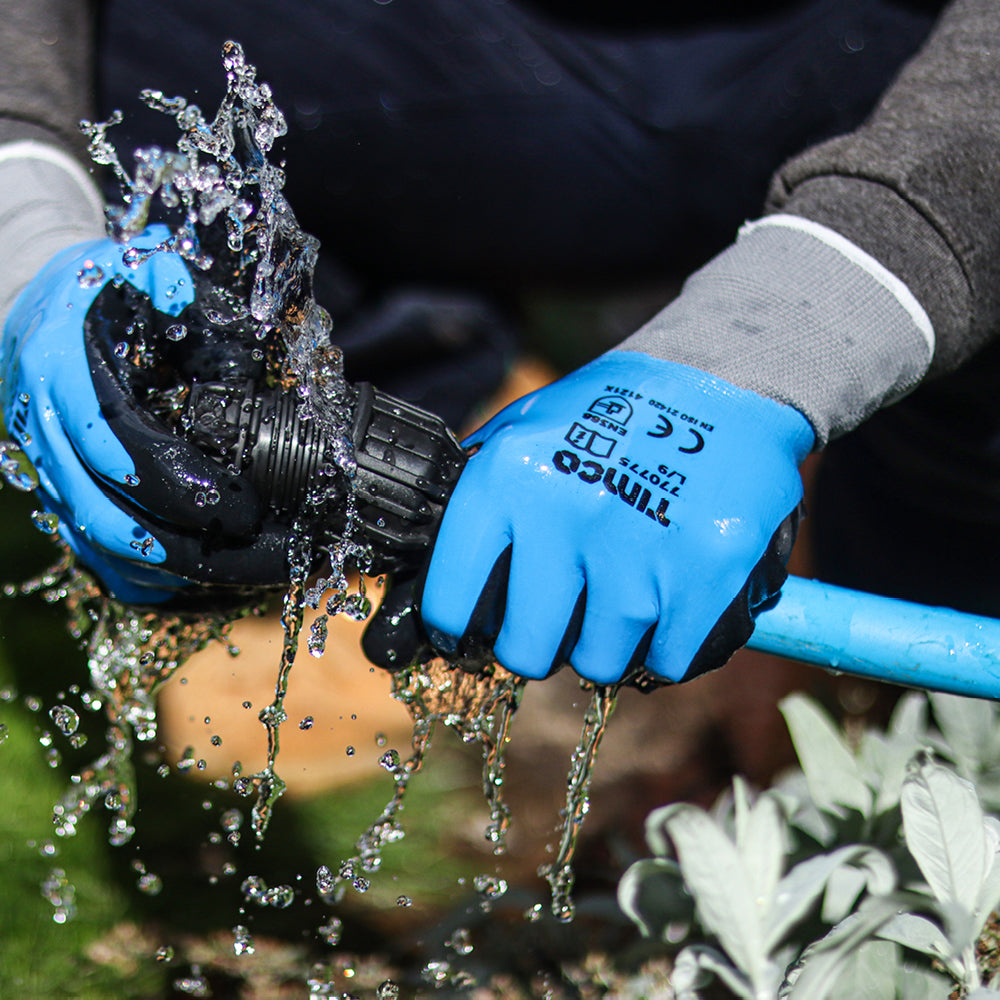 This is an image of Timco - Waterproof Grip Gloves - Sandy Nitrile Foam Coated Polyester X Large (1 Pairs Backing Card) 770485