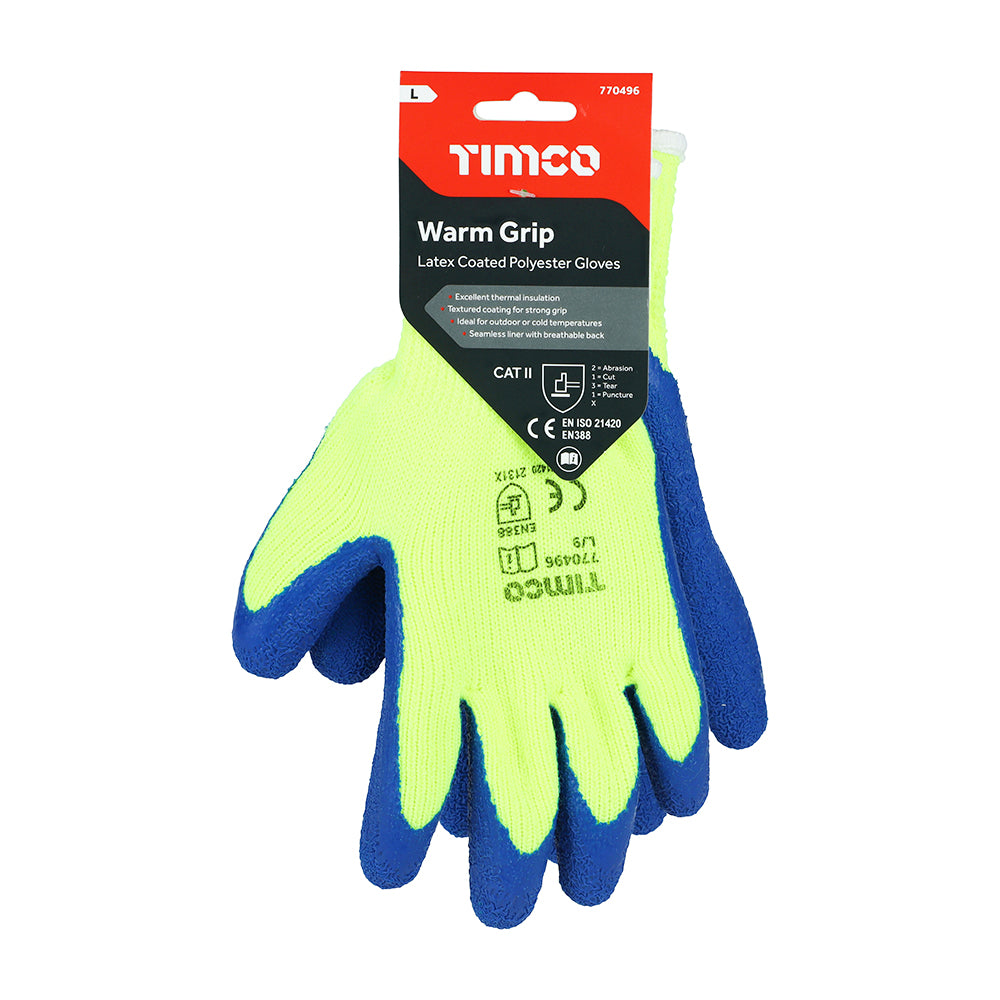This is an image of Timco - Warm Grip Gloves - Crinkle Latex Coated Polyester Large (1 Pairs Backing Card) 770496
