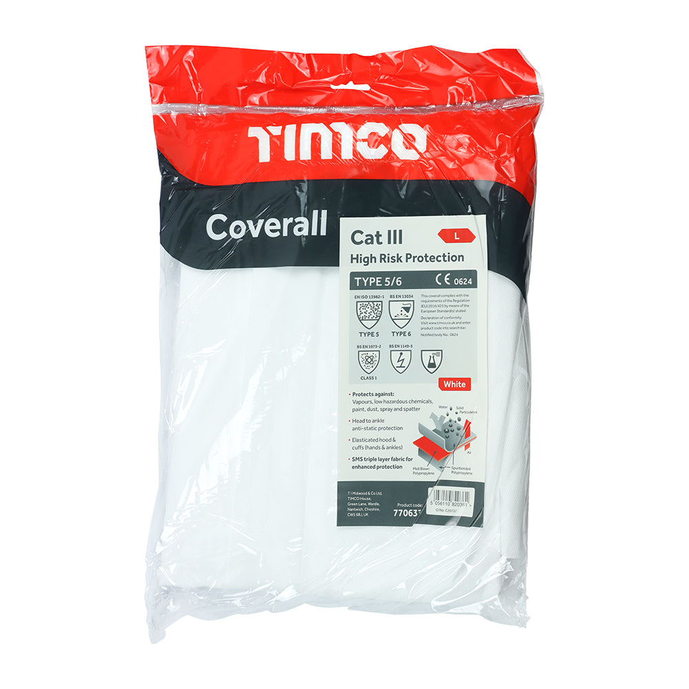 This is an image of Timco - Cat III Type 5/6 Coverall - High Risk Protection - White Large (1 Each Bag) 770633