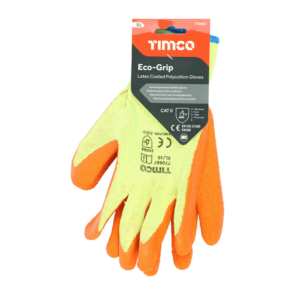 This is an image of Timco - Eco-Grip Gloves - Crinkle Latex Coated Polycotton X Large (1 Pairs Backing Card) 770667