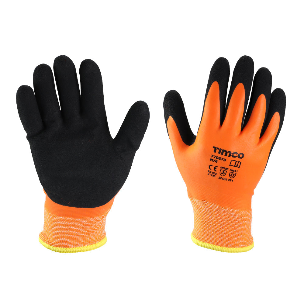 This is an image of Timco - Aqua Thermal Grip Glove - Sandy Latex Coated Polyester Medium (1 Pairs Backing Card) 770673