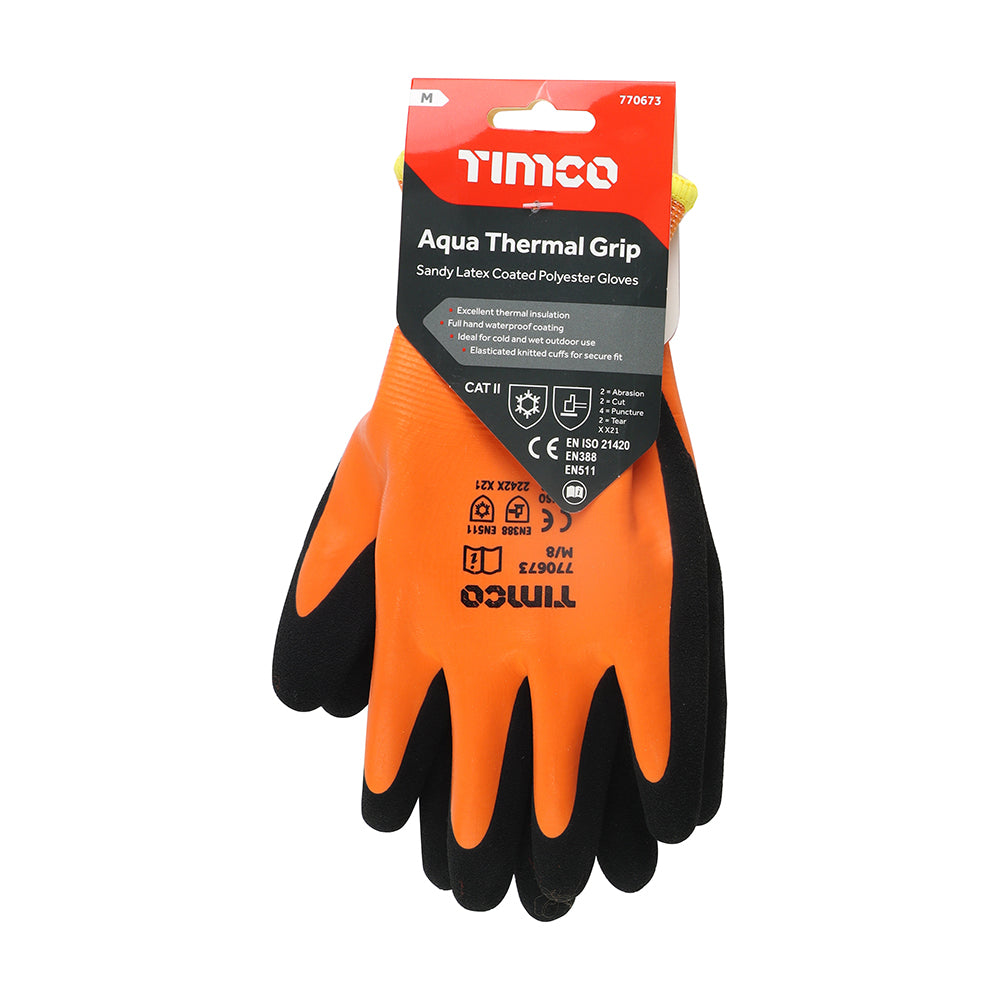 This is an image of Timco - Aqua Thermal Grip Glove - Sandy Latex Coated Polyester Medium (1 Pairs Backing Card) 770673