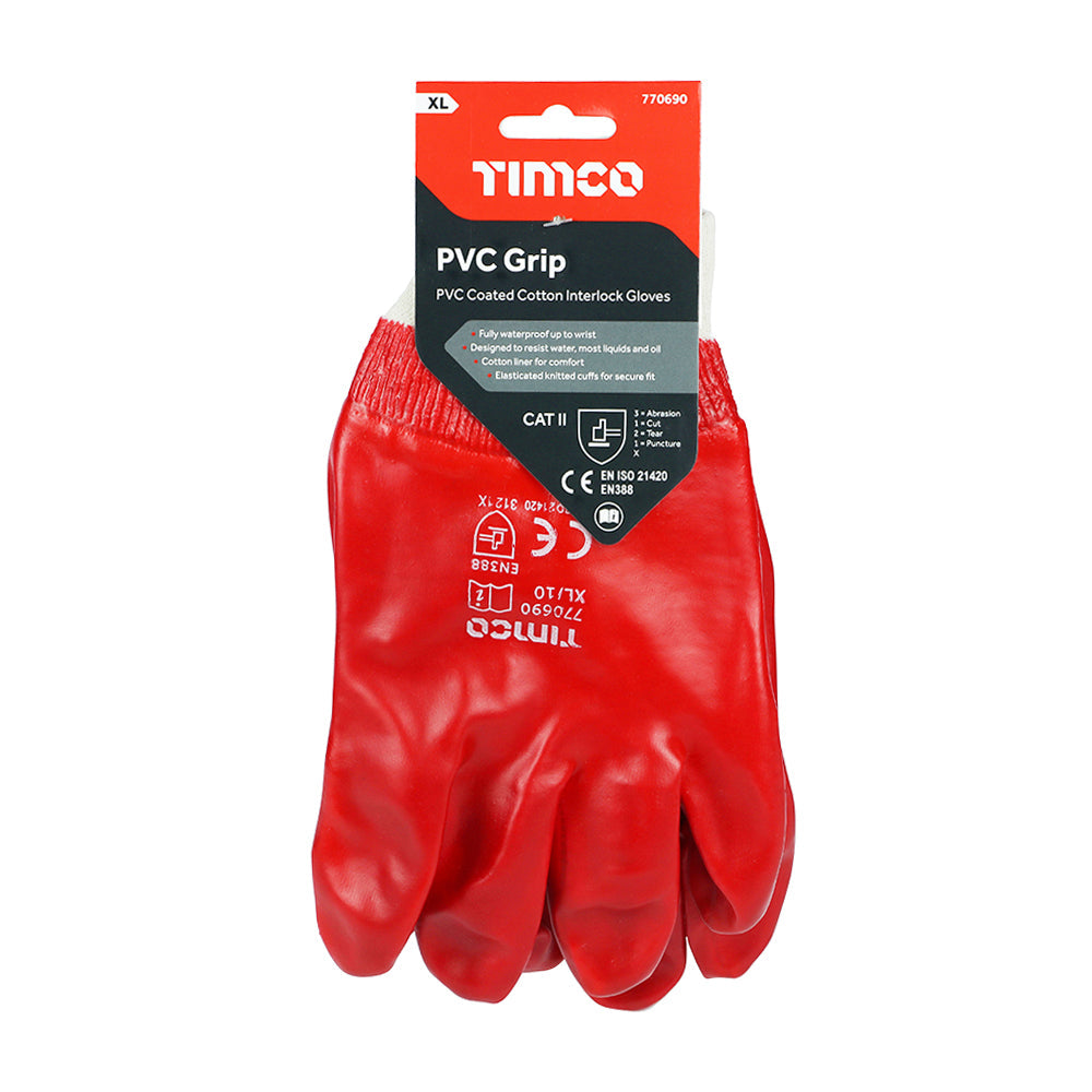 This is an image of Timco - PVC Gloves - PVC Coated Cotton Interlock X Large (1 Pairs Backing Card) 770690