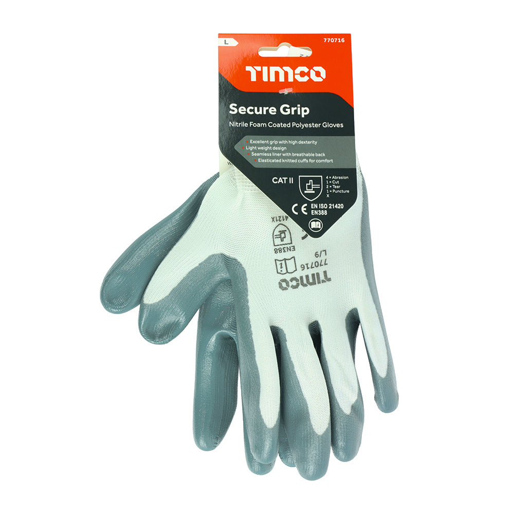 This is an image of Timco - Secure Grip Gloves - Smooth Nitrile Foam Coated Polyester Large (1 Pairs Backing Card) 770716