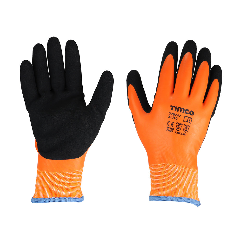 This is an image of Timco - Aqua Thermal Grip Glove - Sandy Latex Coated Polyester X Large (1 Pairs Backing Card) 770747